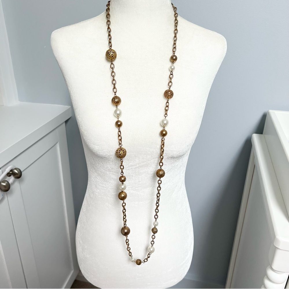 Vintage long gold tone bauble and faux pearl necklace